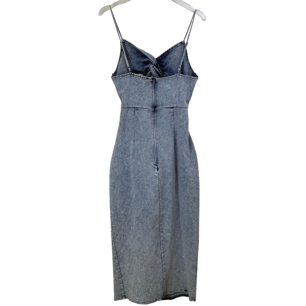 Saints + Secrets WOMEN XL Denim MIDI Dress Acid Wash Twist Front Cutout Slit - Picture 6 of 10